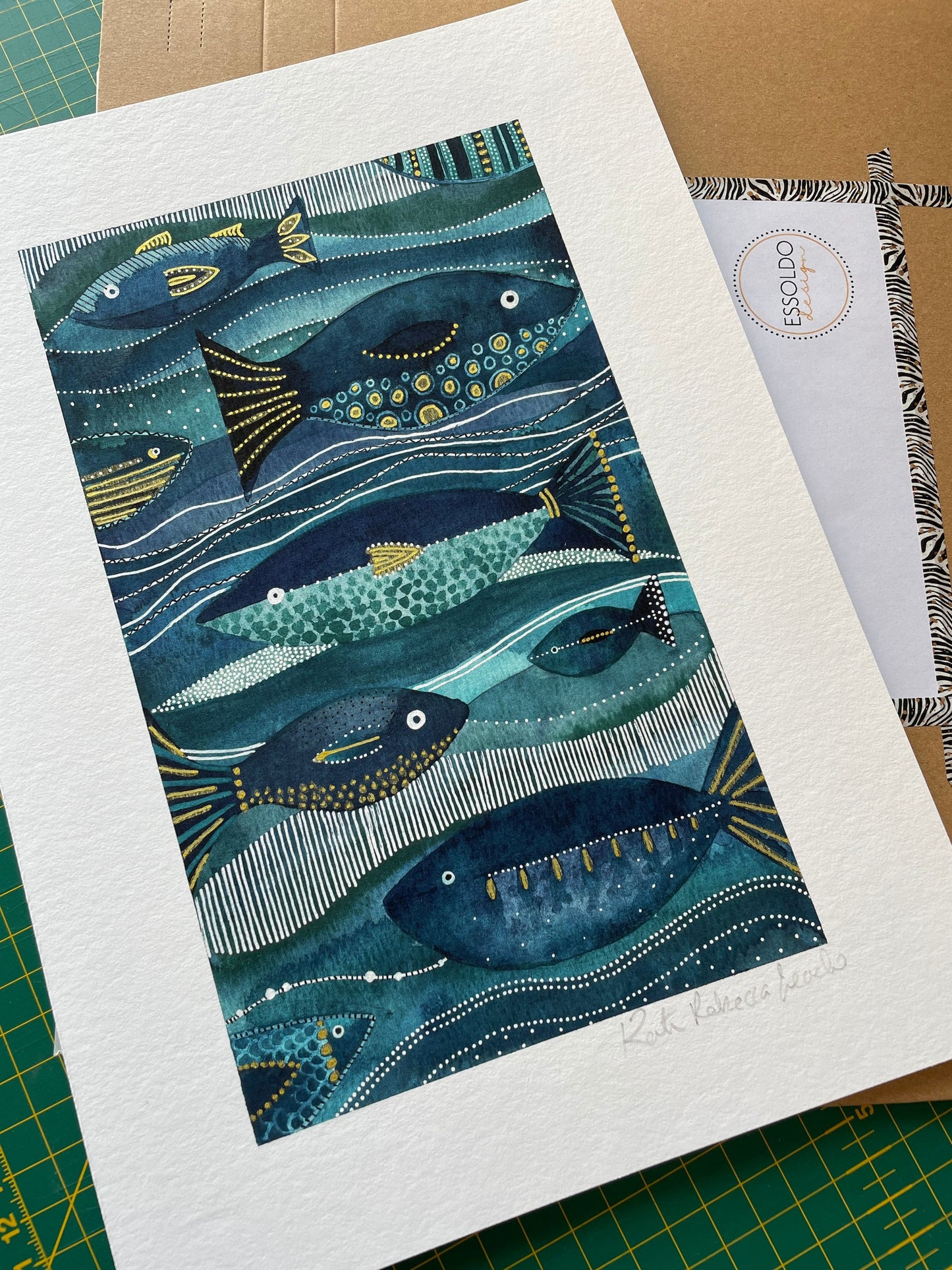 A4 Giclée Print - Underwater Fish Stripe, Blue & Gold Stripe Abstract Watercolour, Fish Wall Art, Sea Art Print, Ocean Stripe Print