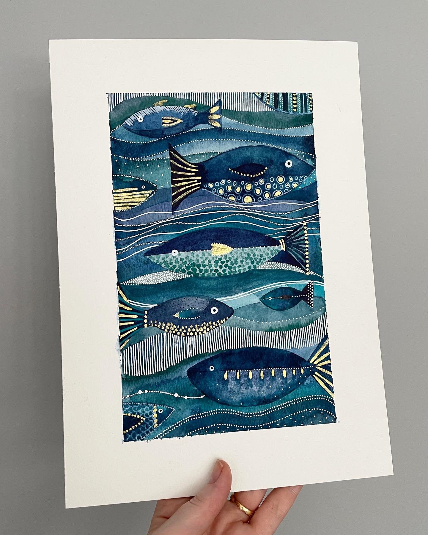 A4 Giclée Print - Underwater Fish Stripe, Blue & Gold Stripe Abstract Watercolour, Fish Wall Art, Sea Art Print, Ocean Stripe Print