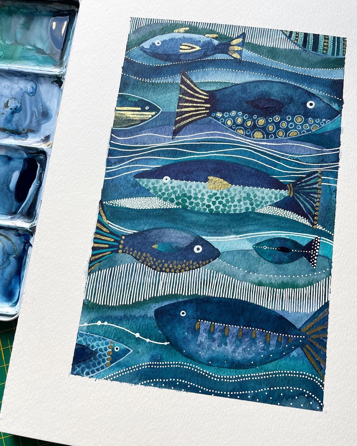 A4 Giclée Print - Underwater Fish Stripe, Blue & Gold Stripe Abstract Watercolour, Fish Wall Art, Sea Art Print, Ocean Stripe Print