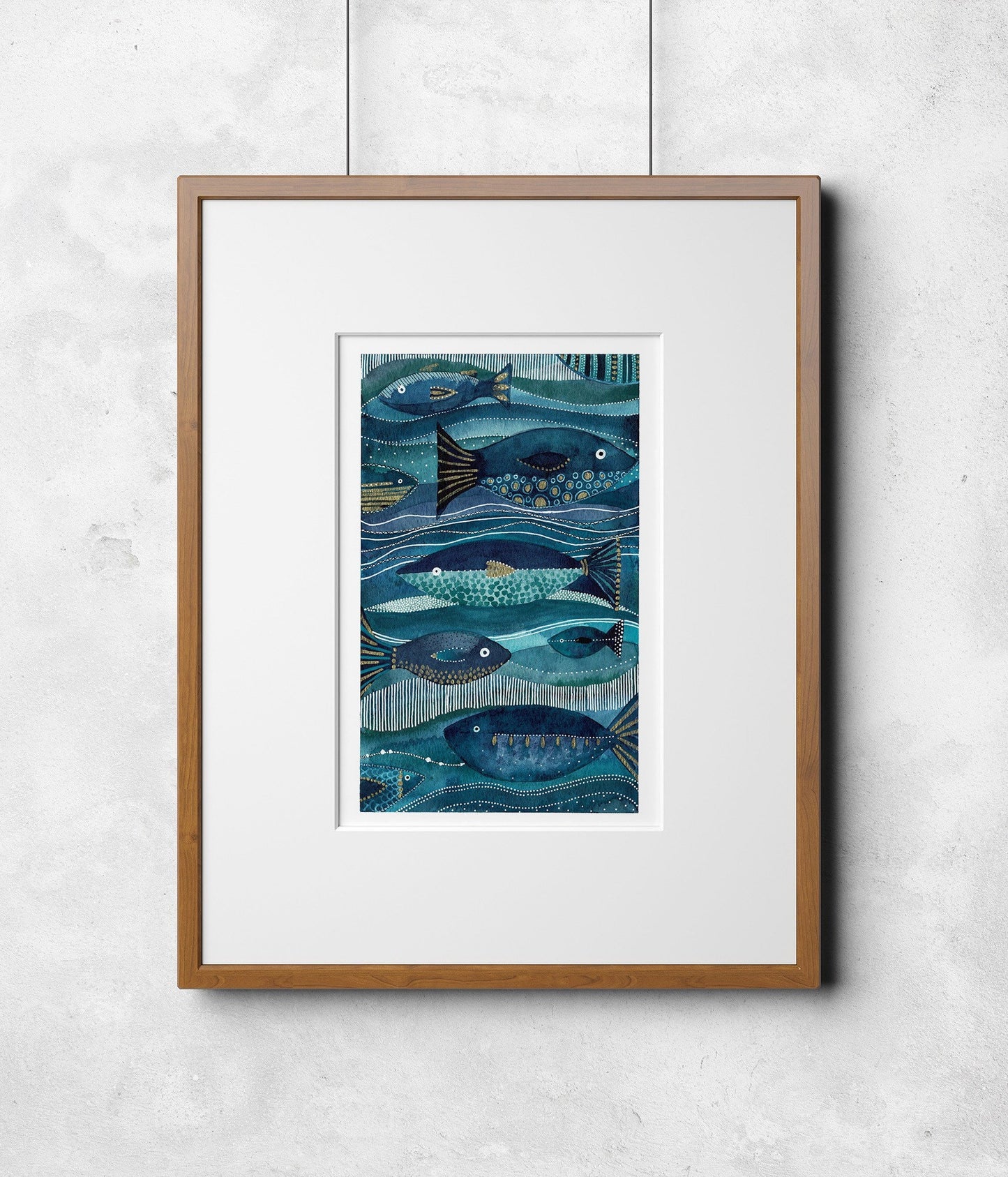 A4 Giclée Print - Underwater Fish Stripe, Blue & Gold Stripe Abstract Watercolour, Fish Wall Art, Sea Art Print, Ocean Stripe Print